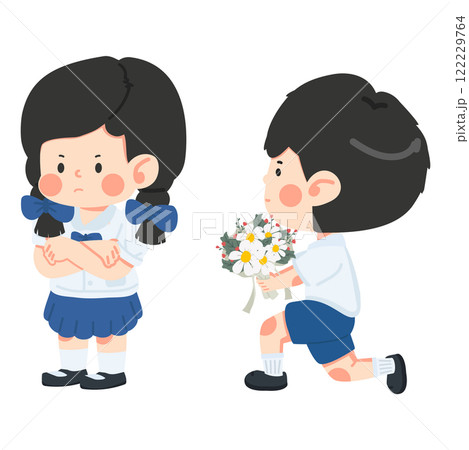 Boy is holding flowers to apologize to a girl 122229764