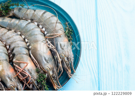Raw big tiger ( king ) shrimps photography . Top view 122229809