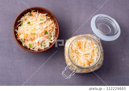 Tasty marinated cabbage with carrot, healthy food  Sauerkraut photography . Top view 122229883