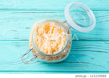 Tasty marinated cabbage with carrot, healthy food  Sauerkraut photography . Top view 122229888