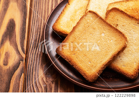 Toast bread in a plate photography . Top view Toast bread in a plate photography . Top view 122229898