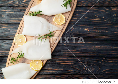 Squid tube and ring photography . Seafood top view Squid tube and ring photography . Seafood top view 122229917