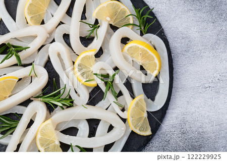 Squid tube and ring photography . Seafood top view 122229925
