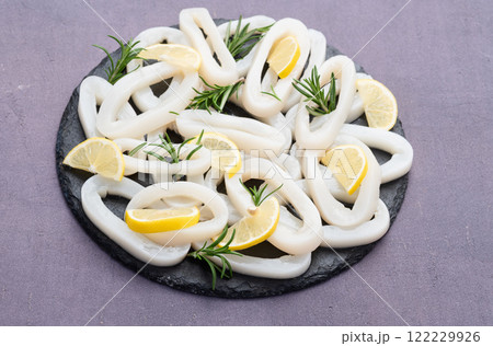 Squid tube and ring photography . Seafood top view 122229926
