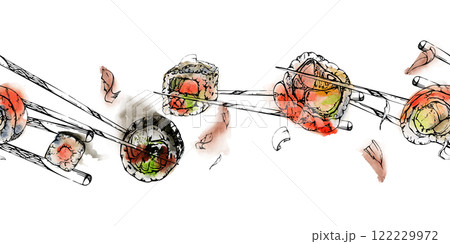 Japanese food sushi rolls on chopsticks with raw fish salmon unagi tuna shrimp, california philadelphia alaska, hand drawn in watercolor and ink. Seamless banner for restaurant, cafe menu, recipe book Japanese food sushi rolls on chopsticks with raw fish salmon unagi tuna shrimp, california philadelphia alaska, hand drawn in watercolor and ink. Seamless banner for restaurant, cafe menu, recipe book 122229972