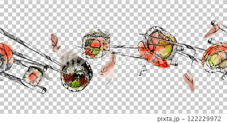 Japanese food sushi rolls on chopsticks with raw fish salmon unagi tuna shrimp, california philadelphia alaska, hand drawn in watercolor and ink. Seamless banner for restaurant, cafe menu, recipe book Japanese food sushi rolls on chopsticks with raw fish salmon unagi tuna shrimp, california philadelphia alaska, hand drawn in watercolor and ink. Seamless banner for restaurant, cafe menu, recipe book 122229972