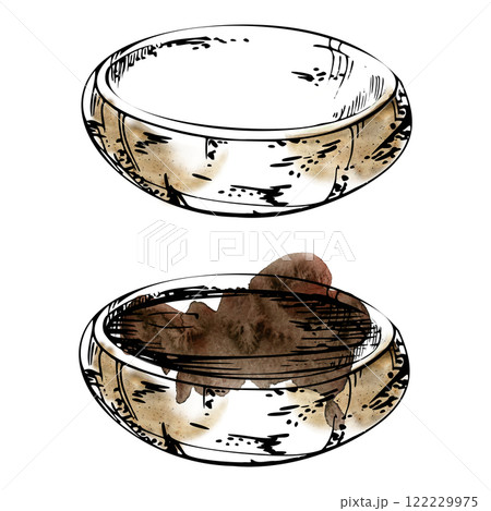 Ceramic plate dish bowl for hobby, handmade, food, empty and filled. Hand drawn in watercolor and ink. Illustration for pottery shop logo, art class, print, website, restaurant or cafe menu, booklet. 122229975