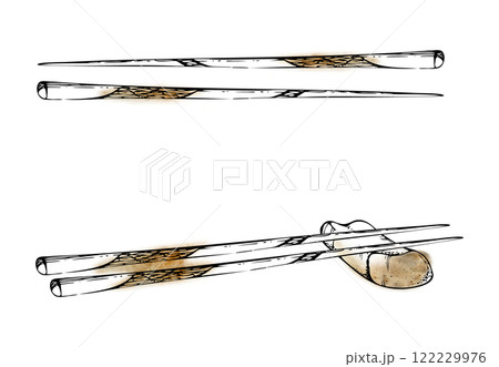 Japanese Chinese chopsticks on rest, wood bamboo plastic lacquered utensils for eating cooking, hand drawn in watercolor and ink. Illustration for restaurant, cafe menu, kitchen print, recipe book 122229976