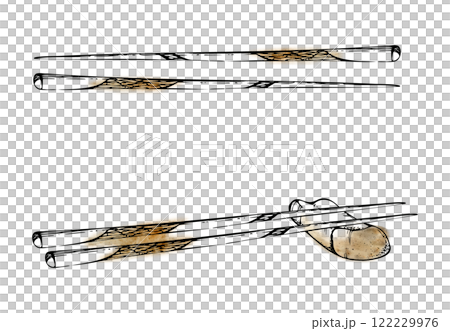 Japanese Chinese chopsticks on rest, wood bamboo plastic lacquered utensils for eating cooking, hand drawn in watercolor and ink. Illustration for restaurant, cafe menu, kitchen print, recipe book 122229976