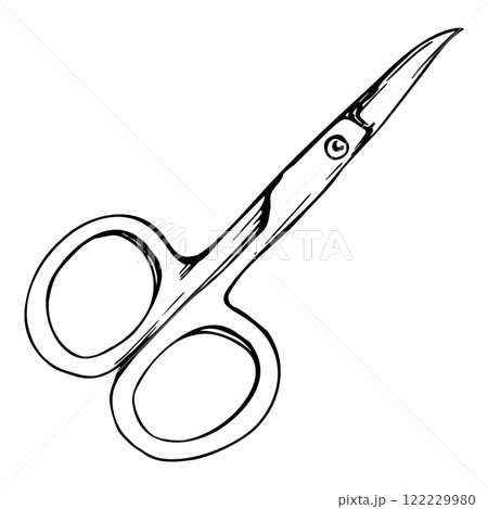 Fabric scissors thread cutting snips. Manicure pedicure hairdresser sewing craft embroidery supplies tools. Hand drawn ink vector illustration isolated object. Atelier tailor hobby shop, beauty parlor 122229980