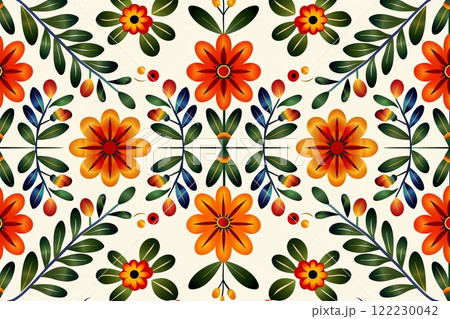 A Mexican pattern featuring vibrant floral motifs and intricate geometric shapes in bright red, green, and yellow 122230042