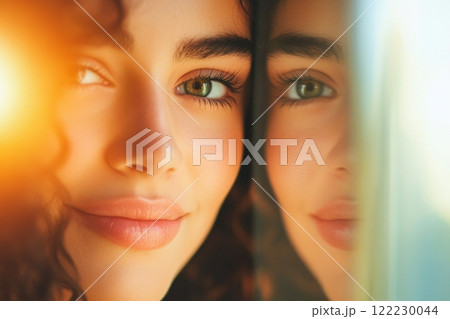 A young Caucasian woman with curly hair, in her mid-20s, gazes softly at her reflection in a mirror 122230044