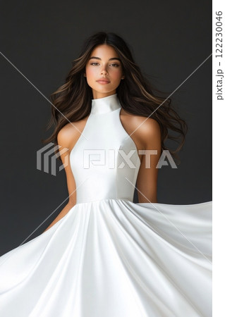 A young Hispanic woman in her 20s models a flowing white silk halter-neck ballgown 122230046