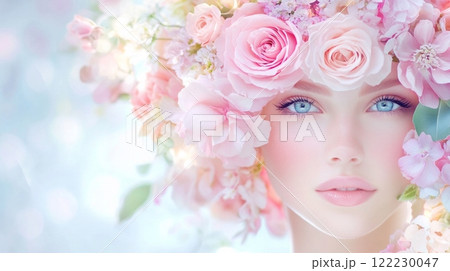 A stunning close-up of a woman adorned with a soft pink floral crown, her bright blue eyes 122230047