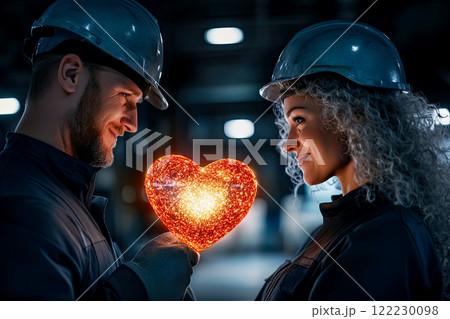 Working man gives woman bright heart in his hands, valentine day card, happy lovers Working man gives woman bright heart in his hands, valentine day card, happy lovers 122230098