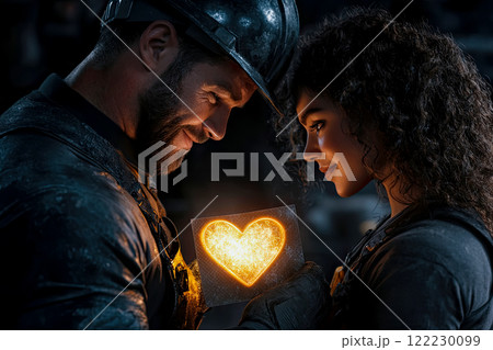 Romantic valentine, worker presents card with burning heart to woman, warm light from heart on card illuminates faces, valentine's day card 122230099