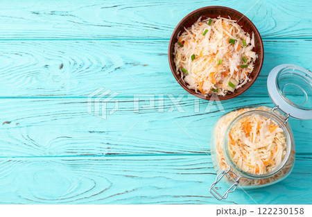 Tasty marinated cabbage with carrot, healthy food Sauerkraut photography . Top view Tasty marinated cabbage with carrot, healthy food Sauerkraut photography . Top view 122230158