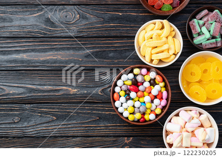 Mix of colorful candies . Top view 122230205