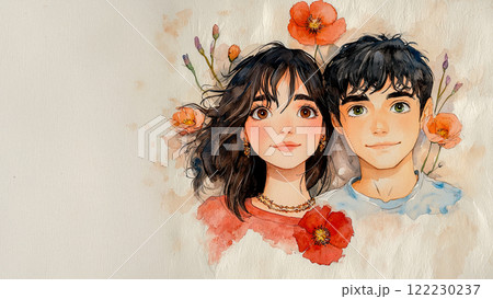 Watercolor portrait of a young couple in love framed by a lush composition of bright orange poppies, vintage background with copy space, Valentine's Day card 122230237