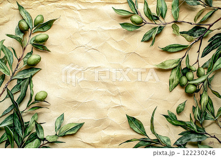 Vintage postcard of vibrant olive foliage and ripe, green olives with copy space in the center of the canvas 122230246