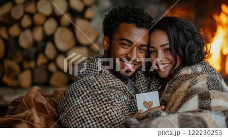 Happy man and woman giving each other Valentine cards, lovers warming themselves by the fireplace in the house wrapped in blankets after a walk 122230253
