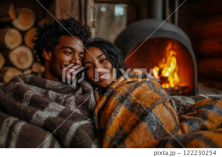 Young lovers warm themselves by the fireplace in the house wrapped in blankets after skiing, Valentine's Day vacation 122230254
