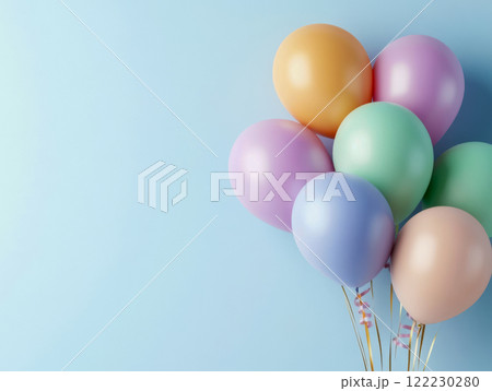 Balloons on blue background, minimalist birthday card with copy space for text Balloons on blue background, minimalist birthday card with copy space for text 122230280