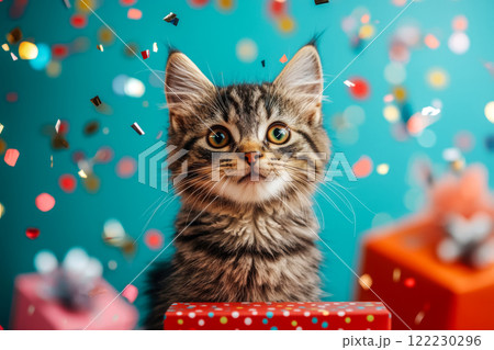 Portrait of amazed kitten among gift boxes looking at flying confetti, birthday banner or card idea Portrait of amazed kitten among gift boxes looking at flying confetti, birthday banner or card idea 122230296