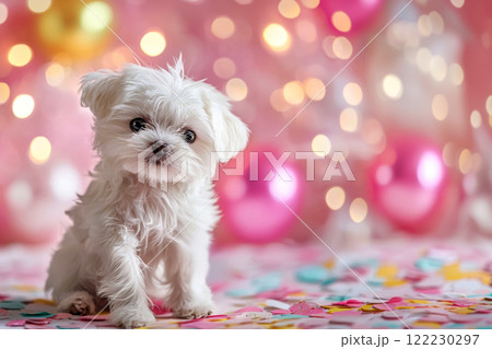 Happy West Highland White Terrier puppy with colorful balloons and confetti, birthday greeting card idea, pet care concept 122230297