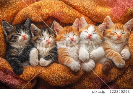 Cute sleeping kittens under a warm blanket, birthday banner or card idea 122230298