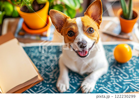 Happy Jack Russell Terrier lying on carpet birthday greeting card idea, pet care concept 122230299