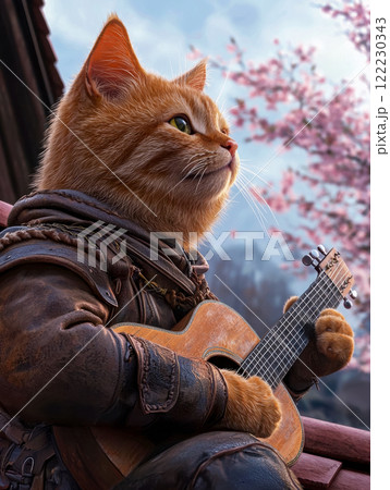 Portrait of a cat playing guitar against a background of cherry blossoms, vertical Valentine's Day card 122230343