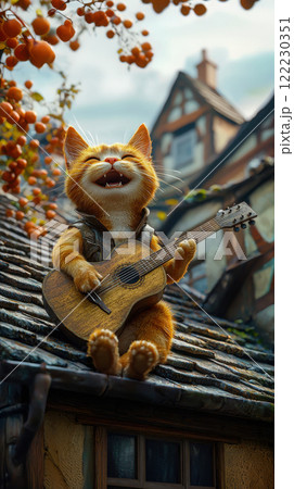 Funny poster with a ginger cat playing the guitar and singing songs on the roof of an old house, vertical postcard for Valentine's Day 122230351