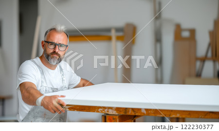 A craftsman prepares a sheet of marble for further processing on a machine, copy space about processing natural stones A craftsman prepares a sheet of marble for further processing on a machine, copy space about processing natural stones 122230377