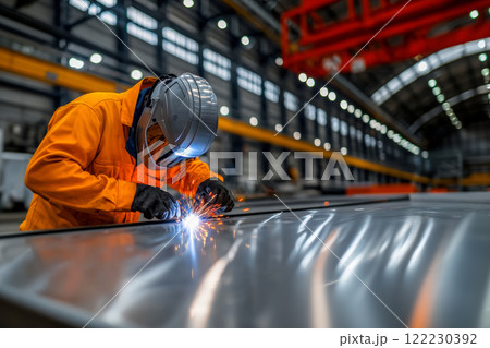 Worker in yellow helmet and protective suit performs welding work in the workshop of the plant, space about the development of the metallurgical manufacturing industry Worker in yellow helmet and protective suit performs welding work in the workshop of the plant, space about the development of the metallurgical manufacturing industry 122230392