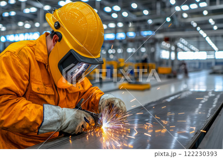 Welder in protective mask works in production, metal welding, industrial and mechanical engineering concept Welder in protective mask works in production, metal welding, industrial and mechanical engineering concept 122230393