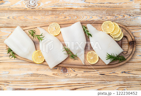 Squid tube and ring photography . Seafood top view 122230452