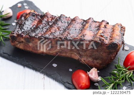 Grilled Pork ribs barbecue photography . Top view 122230475