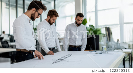 Young design team in an office with high windows and minimalist design, leaning over a drawing during a planning meeting 122230518