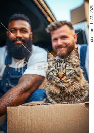 A big cat lies on a box, in the background bearded professional movers at work perform the task of delivering and unloading things, a vertical funny poster 122230529