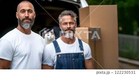 A funny poster with bearded movers against the background of a van with things, a cat peeks out from behind the loader's shoulder, concepts of a company providing moving and cargo delivery services 122230531