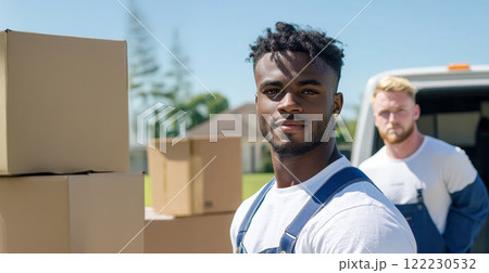 A poster with experienced movers unloading a van with things, a blurred background, a concept space about a company with moving and cargo delivery services 122230532