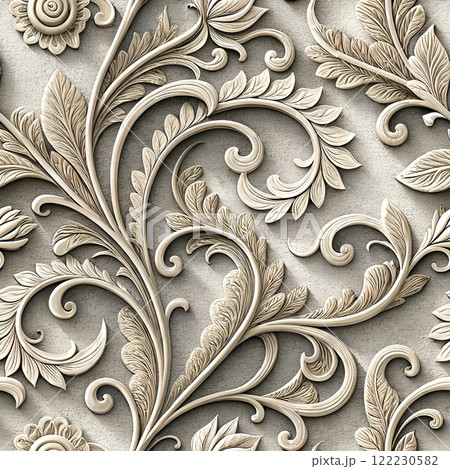 A grey-black floral pattern with an elegant vintage design featuring swirled leaves and paisley accents in a seamless antique style. 122230582