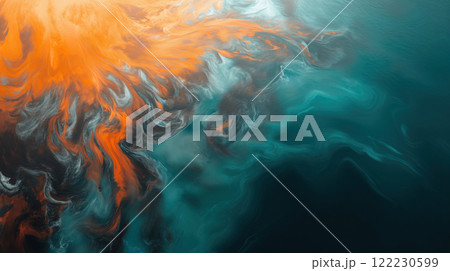 view from above of oil slick spilled in the sea, environmental problems or poster about tragedy after fuel oil spill 122230599