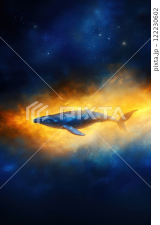 A vertical poster of a whale swimming in the ocean against the background of bright night stars, a poster about environmental protection A vertical poster of a whale swimming in the ocean against the background of bright night stars, a poster about environmental protection 122230602