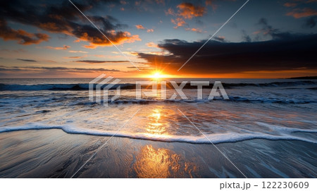 sunset over the sea and the beach covered in oil, problems environmental tragedy after the fuel oil spill 122230609