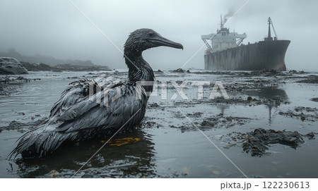cormorant in the foreground, doused with oil, in the background a tanker washed up on the seashore, eliminating the consequences of a fuel oil spill off the coast 122230613