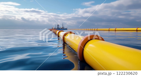 Close up of oil spill containment barriers floating near drilling site, oil spill protection 122230620