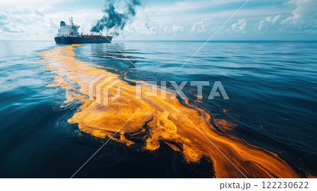 Oil tanker leaving trace of oil leak on calm sea, oil spill and concept of oil products transportation safety, care for environment 122230622