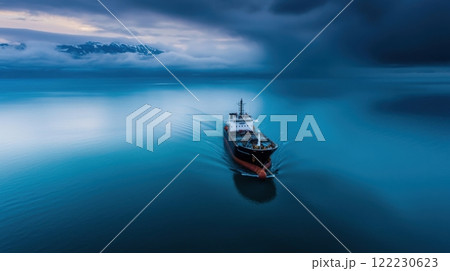 poster with tanker carrying oil, calm north sea, rocky island in the background 122230623